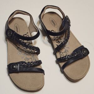 Aetrex Jillian Hook And Loop Dark Navy Blue cork Comfort Sandals Sz EU 39.5 US 9